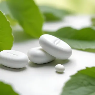 Two White Pills On A White Leaf Surrounded By More Green Leaves On A White Surface In A Natural Environment 23 C89f