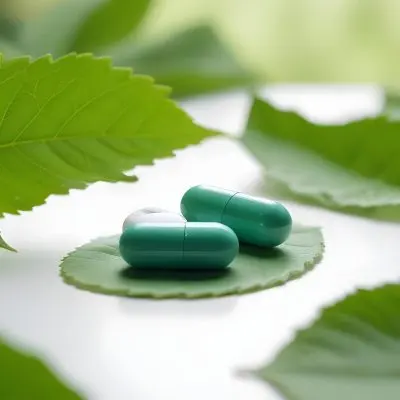 Two White Pills On A White Leaf Surrounded By More Green Leaves On A White Surface In A Natural Environment 25 8de1