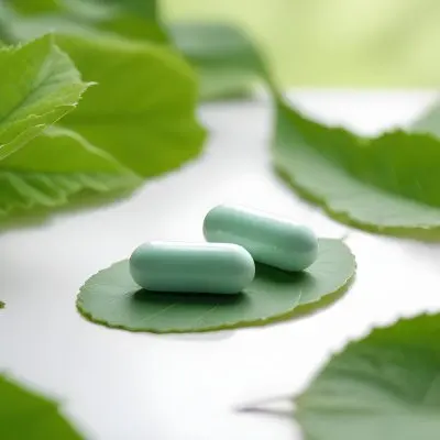 Two White Pills On A White Leaf Surrounded By More Green Leaves On A White Surface In A Natural Environment 26 049d