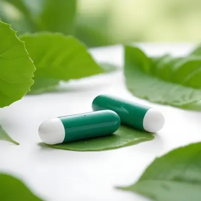 Two White Pills On A White Leaf Surrounded By More Green Leaves On A White Surface In A Natural Environment 27 7908