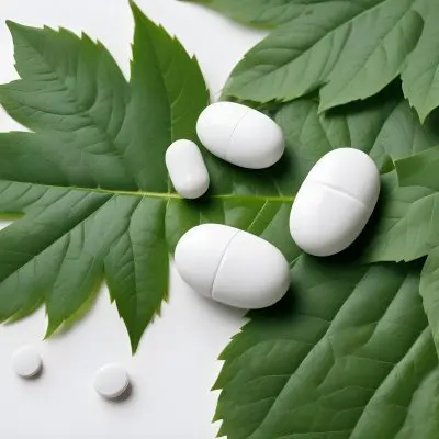 Two White Pills On A White Leaf Surrounded By More Green Leaves On A White Surface In A Natural Environment 29 Bfb9