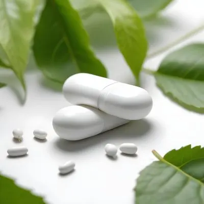 Two White Pills On A White Leaf Surrounded By More Green Leaves On A White Surface In A Natural Environment 3 D10c