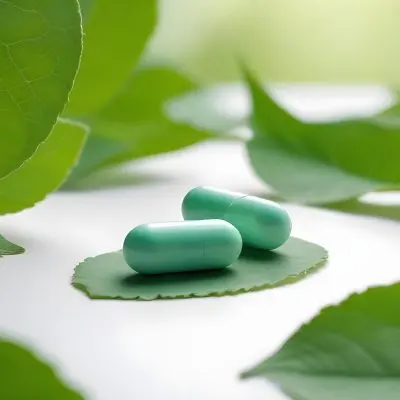 Two White Pills On A White Leaf Surrounded By More Green Leaves On A White Surface In A Natural Environment 31 F31b