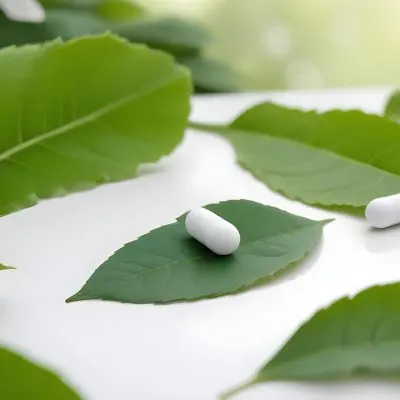 Two White Pills On A White Leaf Surrounded By More Green Leaves On A White Surface In A Natural Environment 7 0c47