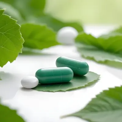 Two White Pills On A White Leaf Surrounded By More Green Leaves On A White Surface In A Natural Environment 8 A0d3