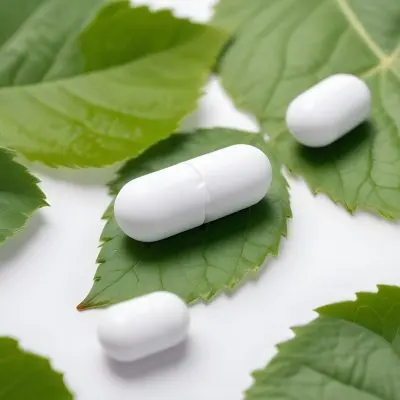 Two White Pills On A White Leaf Surrounded By More Green Leaves On A White Surface In A Natural Environment 9 6345