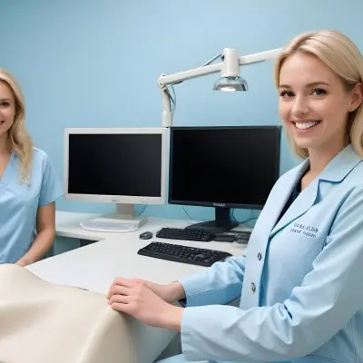 Two Women In A Dental Office Setting One Woman Has Blonde Hair And Is Wearing A Light Blue Medical Coat Smiling At The Camera The Other Woman Also With Blonde Hair Is Seated Across From Her Wearing A Light Blue Shi 4e96