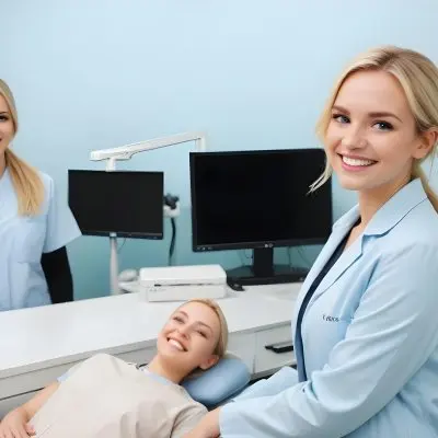 Two Women In A Dental Office Setting One Woman Has Blonde Hair And Is Wearing A Light Blue Medical Coat Smiling At The Camera The Other Woman Also With Blonde Hair Is Seated Across From Her Wearing A Light Blue Shirt 1 8f6d