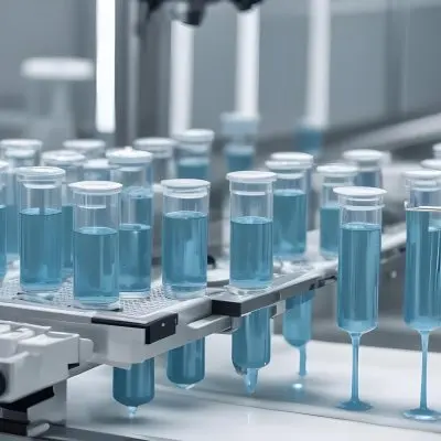 Vaccine Vials On A Conveyor Belt Being Filled With A Blue Liquid The Background Is A Sterile Laboratory Environment 1 F5cf
