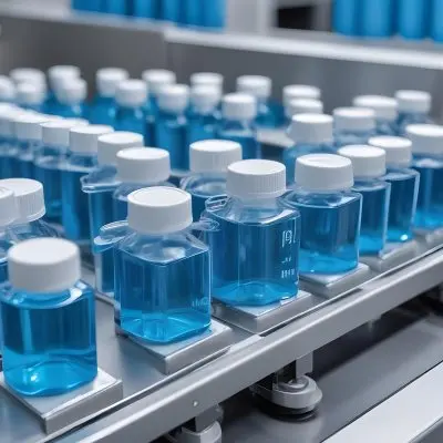 Vaccine Vials On A Conveyor Belt Being Filled With A Blue Liquid The Background Is A Sterile Laboratory Environment 10 C28b