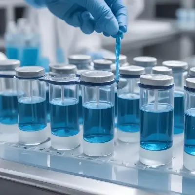 Vaccine Vials On A Conveyor Belt Being Filled With A Blue Liquid The Background Is A Sterile Laboratory Environment 11 E33a