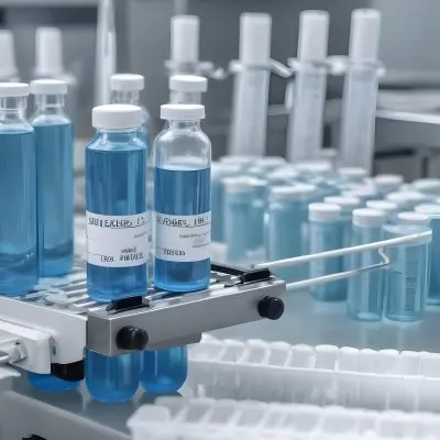Vaccine Vials On A Conveyor Belt Being Filled With A Blue Liquid The Background Is A Sterile Laboratory Environment 12 5981
