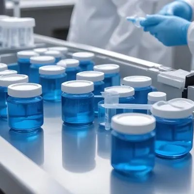 Vaccine Vials On A Conveyor Belt Being Filled With A Blue Liquid The Background Is A Sterile Laboratory Environment 16 F3a6