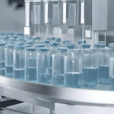 Vaccine Vials On A Conveyor Belt Being Filled With A Blue Liquid The Background Is A Sterile Laboratory Environment 2 Cfe9