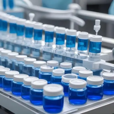 Vaccine Vials On A Conveyor Belt Being Filled With A Blue Liquid The Background Is A Sterile Laboratory Environment 3 A998