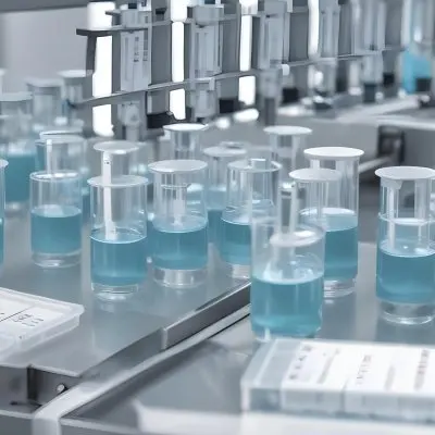Vaccine Vials On A Conveyor Belt Being Filled With A Blue Liquid The Background Is A Sterile Laboratory Environment 4 F12a
