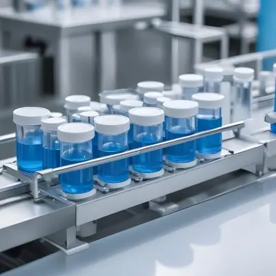 Vaccine Vials On A Conveyor Belt Being Filled With A Blue Liquid The Background Is A Sterile Laboratory Environment 5 1c19