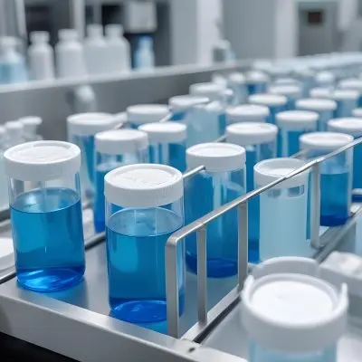 Vaccine Vials On A Conveyor Belt Being Filled With A Blue Liquid The Background Is A Sterile Laboratory Environment 6 8de3