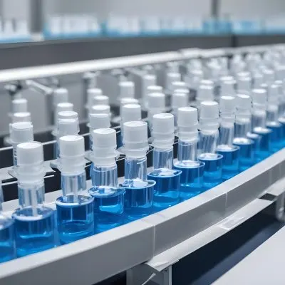 Vaccine Vials On A Conveyor Belt Being Filled With A Blue Liquid The Background Is A Sterile Laboratory Environment 7 A246