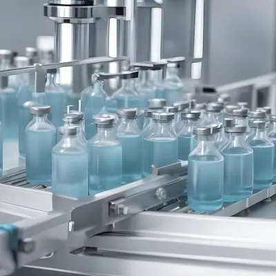 Vaccine Vials On A Conveyor Belt Being Filled With A Blue Liquid The Background Is A Sterile Laboratory Environment 8 88ab