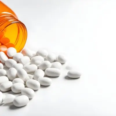 White Pills Spilling Out Of An Orange Pill Bottle On A White Surface Studio Shot 11 E52d