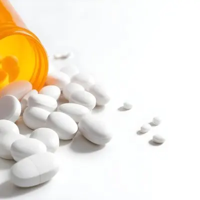 White Pills Spilling Out Of An Orange Pill Bottle On A White Surface Studio Shot 2 8058