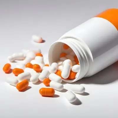 White Pills Spilling Out Of An Orange Pill Bottle On A White Surface Studio Shot 5 3cac