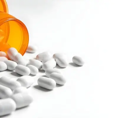 White Pills Spilling Out Of An Orange Pill Bottle On A White Surface Studio Shot 6 2829