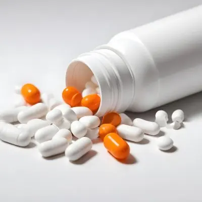 White Pills Spilling Out Of An Orange Pill Bottle On A White Surface Studio Shot 8 195a
