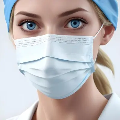 White Woman Age 30 With Blue Eyes Wearing A Surgical Mask And Cap In A Sterile Environment 1 0a5f