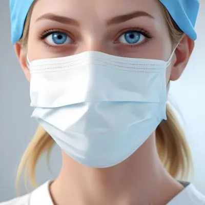 White Woman Age 30 With Blue Eyes Wearing A Surgical Mask And Cap In A Sterile Environment 2 E6f1