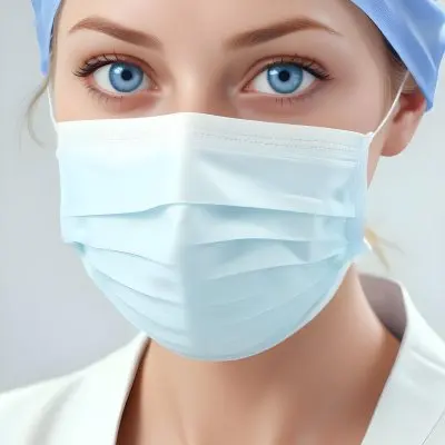 White Woman Age 30 With Blue Eyes Wearing A Surgical Mask And Cap In A Sterile Environment 4 F4d7