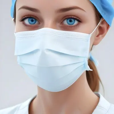 White Woman Age 30 With Blue Eyes Wearing A Surgical Mask And Cap In A Sterile Environment 5 E60b