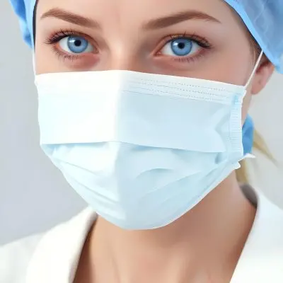 White Woman Age 30 With Blue Eyes Wearing A Surgical Mask And Cap In A Sterile Environment 6 28a2