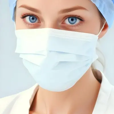 White Woman Age 30 With Blue Eyes Wearing A Surgical Mask And Cap In A Sterile Environment 7 F3da