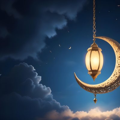 3d Model A Golden Crescent Moon With Intricate Details A Hanging Lantern With A Warm Glow Against A Dark Blue Sky With Subtle Cloud Formations Figure Octane Render Volumetric Highly Detailed Videogame Aesthetic 7 A906