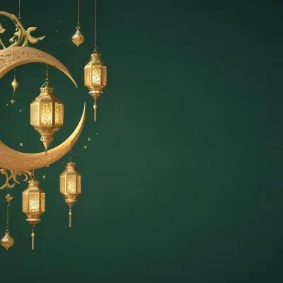 3d Model Golden Crescent Moon And Hanging Ornamental Lanterns With Intricate Geometric Patterns Against A Dark Green Background Evoking A Festive And Elegant Atmosphere Figure Octane Render Volumetric Highly Detail 21 724f