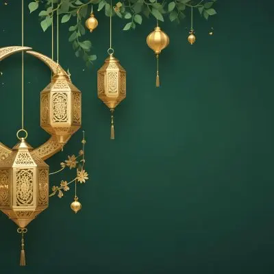 3d Model Golden Crescent Moon And Hanging Ornamental Lanterns With Intricate Geometric Patterns Against A Dark Green Background Evoking A Festive And Elegant Atmosphere Figure Octane Render Volumetric Highly Detail 22 C7ac