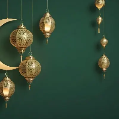 3d Model Golden Crescent Moon And Hanging Ornamental Lanterns With Intricate Geometric Patterns Against A Dark Green Background Evoking A Festive And Elegant Atmosphere Figure Octane Render Volumetric Highly Detail 28 E273