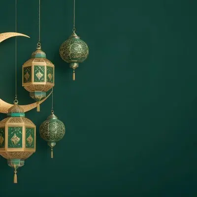3d Model Golden Crescent Moon And Hanging Ornamental Lanterns With Intricate Geometric Patterns Against A Dark Green Background Evoking A Festive And Elegant Atmosphere Figure Octane Render Volumetric Highly Detail 31 E1ce