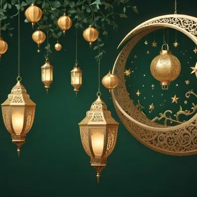 3d Model Golden Crescent Moon And Hanging Ornamental Lanterns With Intricate Geometric Patterns Against A Dark Green Background Evoking A Festive And Elegant Atmosphere Figure Octane Render Volumetric Highly Detail 36 045f