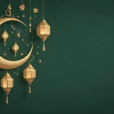 3d Model Golden Crescent Moon And Hanging Ornamental Lanterns With Intricate Geometric Patterns Against A Dark Green Background Evoking A Festive And Elegant Atmosphere Figure Octane Render Volumetric Highly Detail 39 4ac7