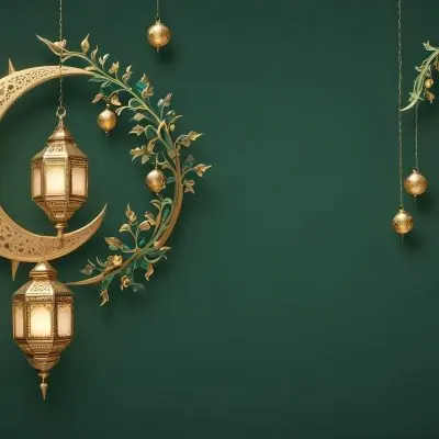 3d Model Golden Crescent Moon And Hanging Ornamental Lanterns With Intricate Geometric Patterns Against A Dark Green Background Evoking A Festive And Elegant Atmosphere Figure Octane Render Volumetric Highly Detail 41 9d7e