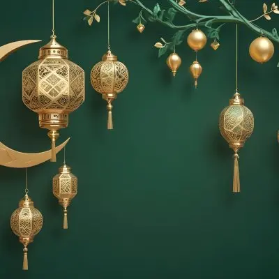 3d Model Golden Crescent Moon And Hanging Ornamental Lanterns With Intricate Geometric Patterns Against A Dark Green Background Evoking A Festive And Elegant Atmosphere Figure Octane Render Volumetric Highly Detail 42 456a