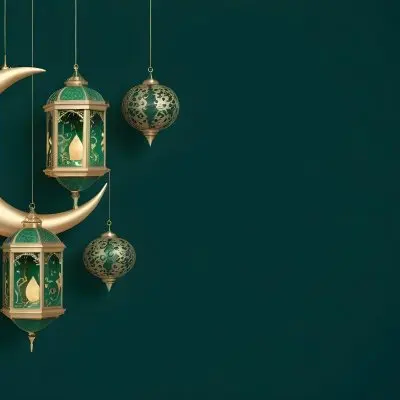 3d Model Golden Crescent Moon And Hanging Ornamental Lanterns With Intricate Geometric Patterns Against A Dark Green Background Evoking A Festive And Elegant Atmosphere Figure Octane Render Volumetric Highly Detail 46 A080