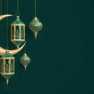 3d Model Golden Crescent Moon And Hanging Ornamental Lanterns With Intricate Geometric Patterns Against A Dark Green Background Evoking A Festive And Elegant Atmosphere Figure Octane Render Volumetric Highly Detail 6 7f4e