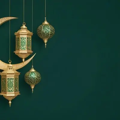 3d Model Golden Crescent Moon And Hanging Ornamental Lanterns With Intricate Geometric Patterns Against A Dark Green Background Evoking A Festive And Elegant Atmosphere Figure Octane Render Volumetric Highly Detail 8 F469