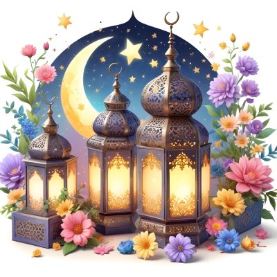3d Model Ramadan Lanterns With Flowers Moon And Stars In The Background Gift Boxes Colorful Intricate Details Festive Atmosphere Watercolor Style Soft Lighting Whimsical Ornate Patterns Celebration 32 Bc8f
