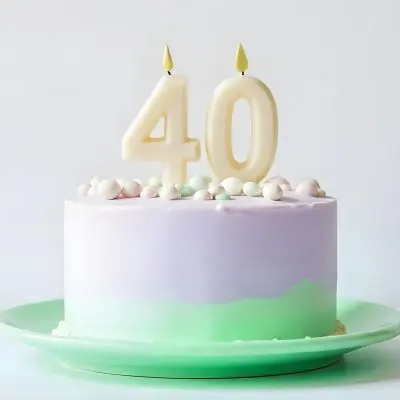 A Birthday Cake With Pastel Colors And Number 40 Candles On A Green Plate Light Purple And Green Frosting Plain White Background 10 57a4