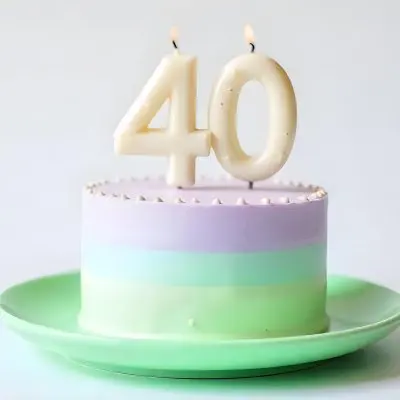 A Birthday Cake With Pastel Colors And Number 40 Candles On A Green Plate Light Purple And Green Frosting Plain White Background 15 B262